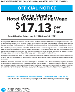 City of Santa Monica Hotel Worker Living Wage Official Notice