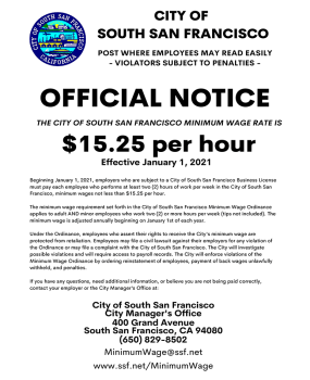 City of San Francisco Minimum Wage Ordinance Official Poster